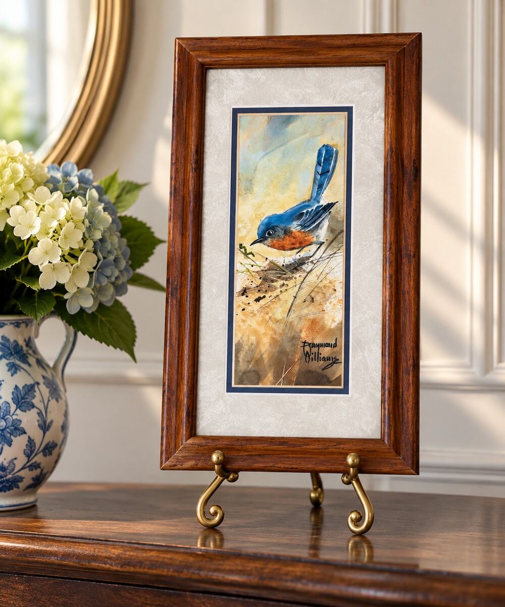 Original Bluebird Watercolor Painting Raymond Williams Curious Blue Framed Art